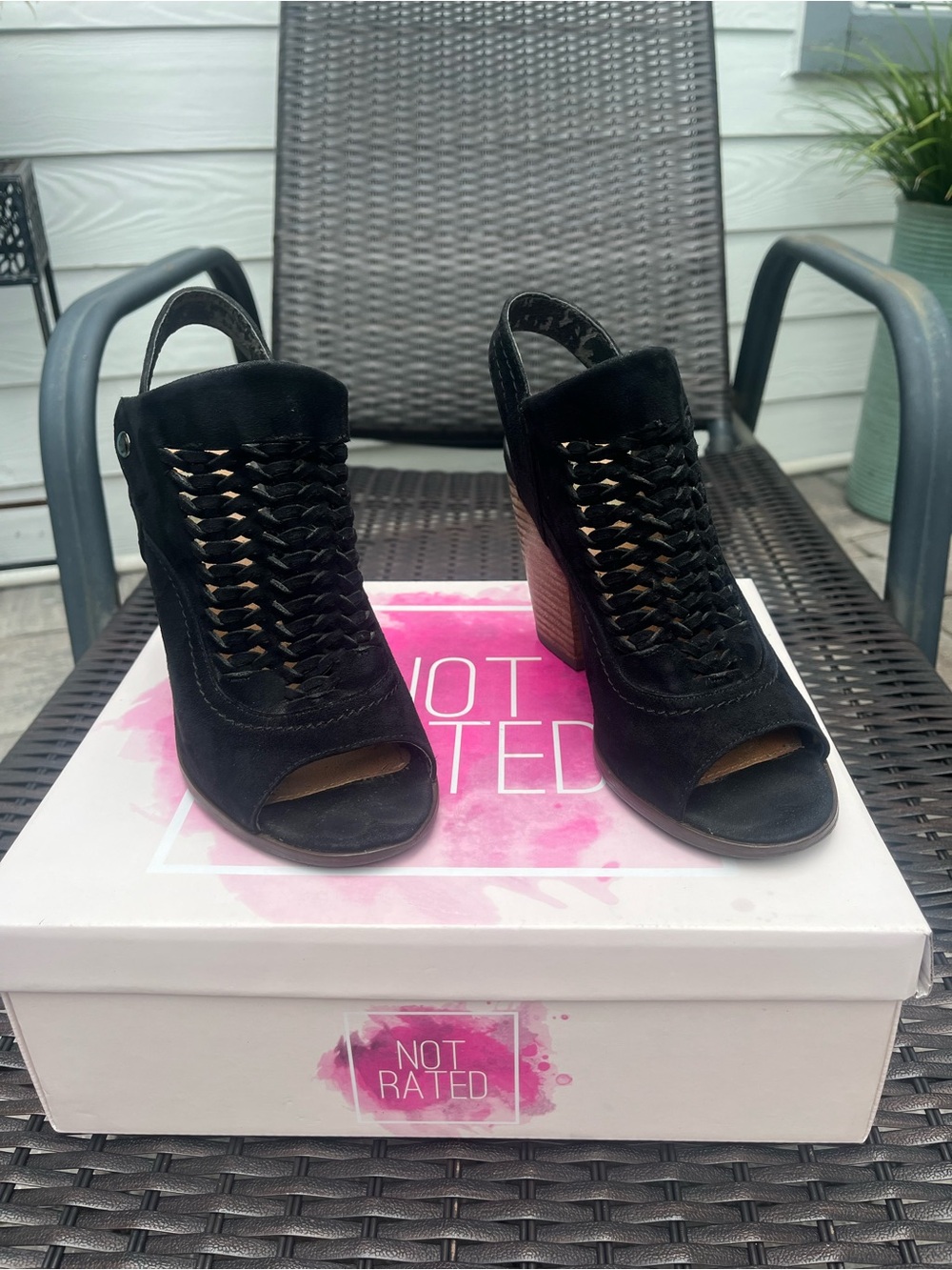 Not Rated Black Woven Peep-Toe Slingback Wedges with Stacked Heel